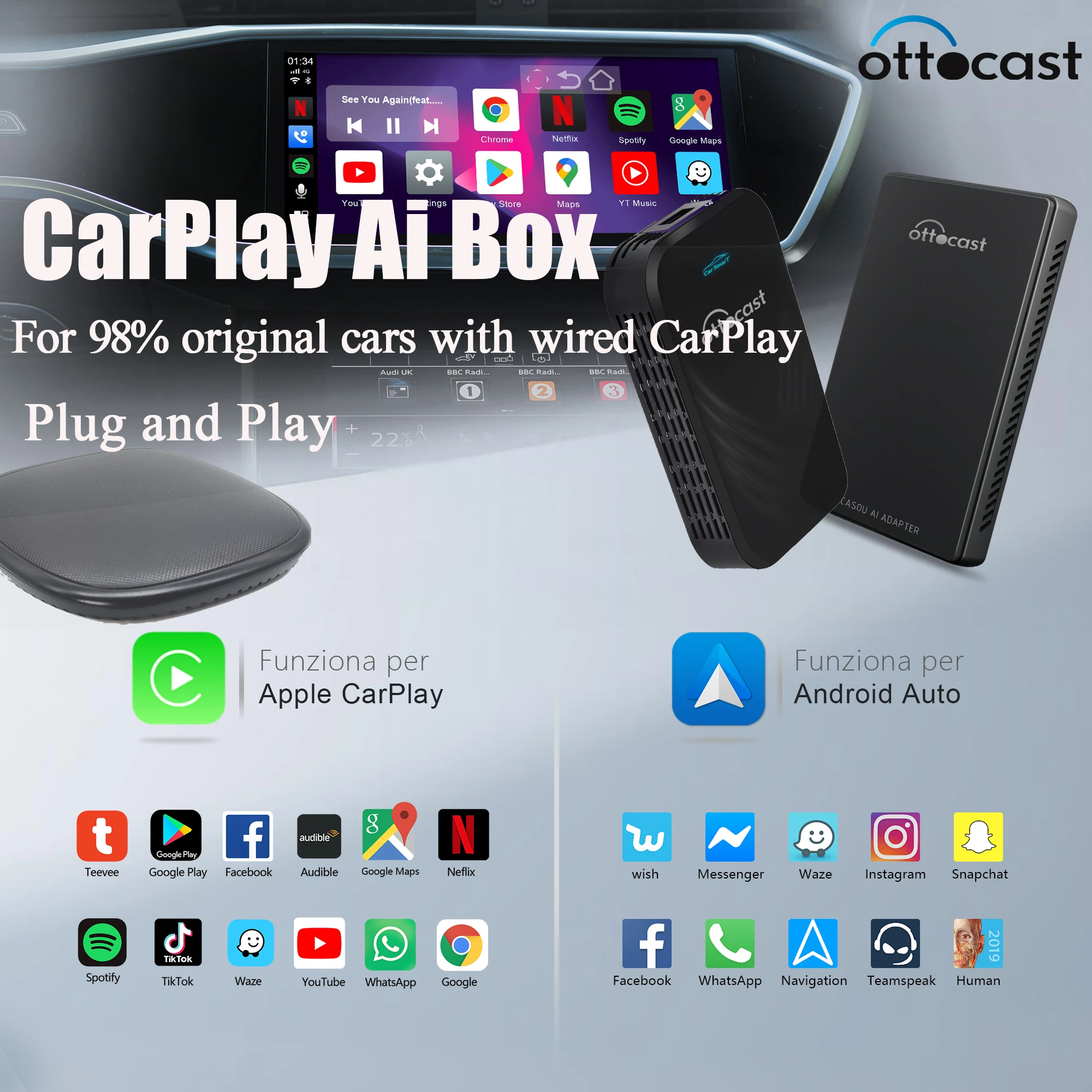 ottocast 2022apple carplay ai box multimedia player464gwireless carplayandroid autoadd to car intelligent systemapk android free global shipping