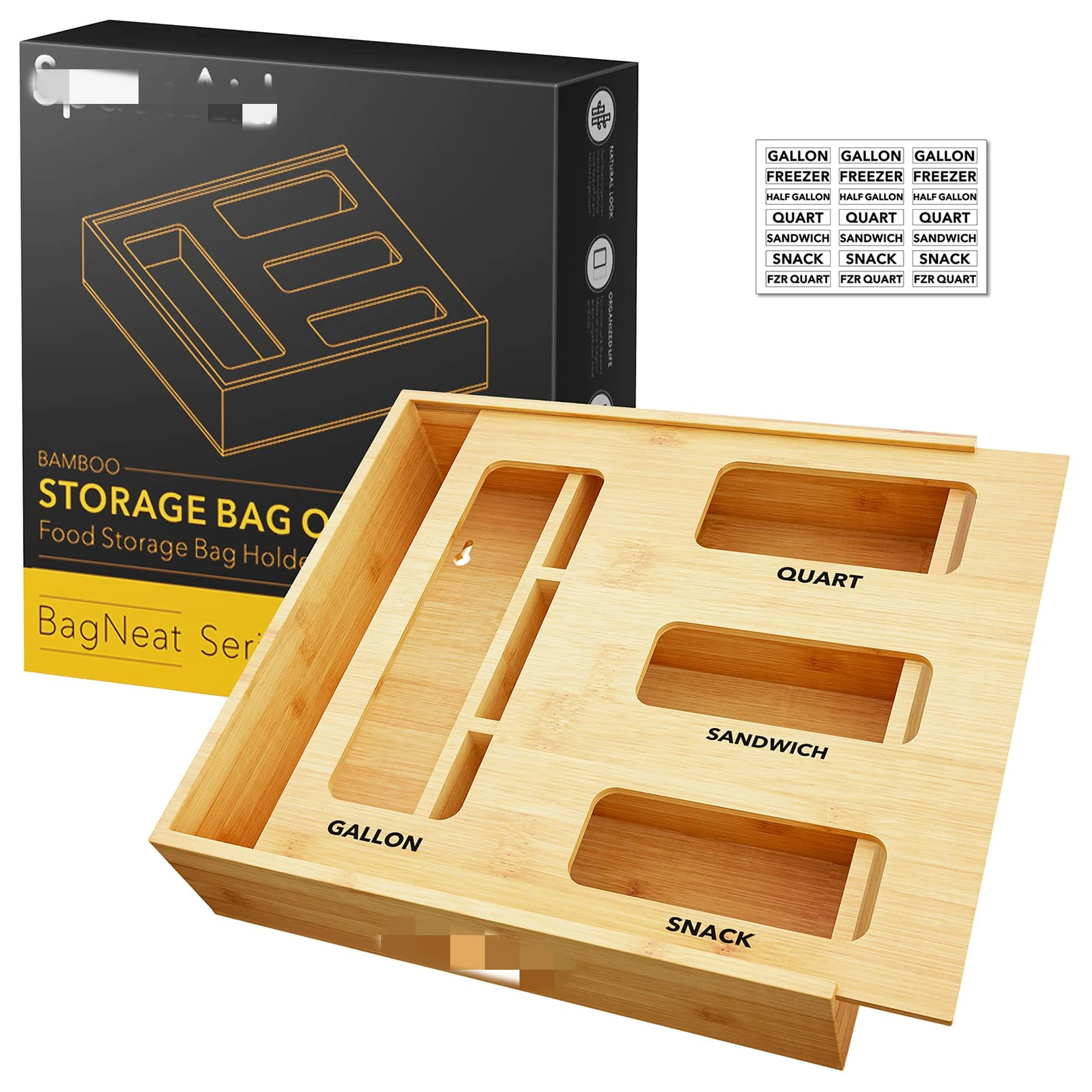 

Bag Storage Organizer for Kitchen Drawer, Bamboo Organizer, Compatible with Gallon, Quart, Sandwich and Snack Variety Size Bag (