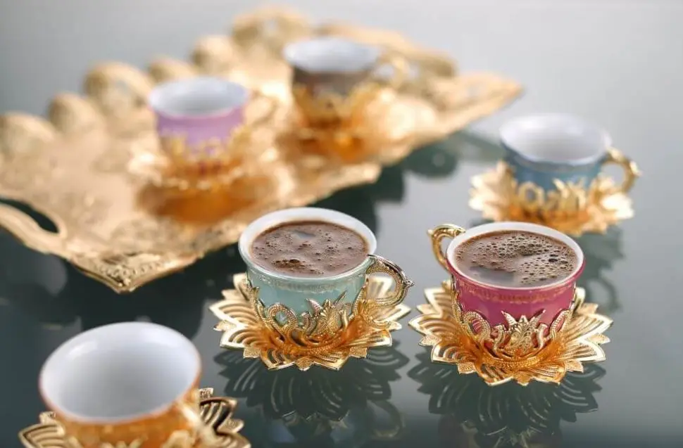 

WONDERFUL Ahsen Tulip Patterned Mix AMAZİNG GOLD TRAY Turkish Coffee Set for 6 Persons 18 Pieces Gold Color FREE SHİPPİNG