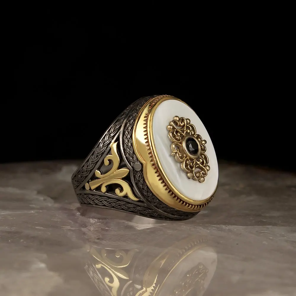 

925 Sterling Silver Ring for Men Handmade Gold Plated Pearl Stone Vintage Gift Mens Rings All Size Women Turkish Fashion Jewelry