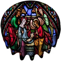 Jesus Christ Nativity Scene Stained Glass On Christmas In Sainte Clotilde Church Paris France Round Tablecloth By Ho Me Lili