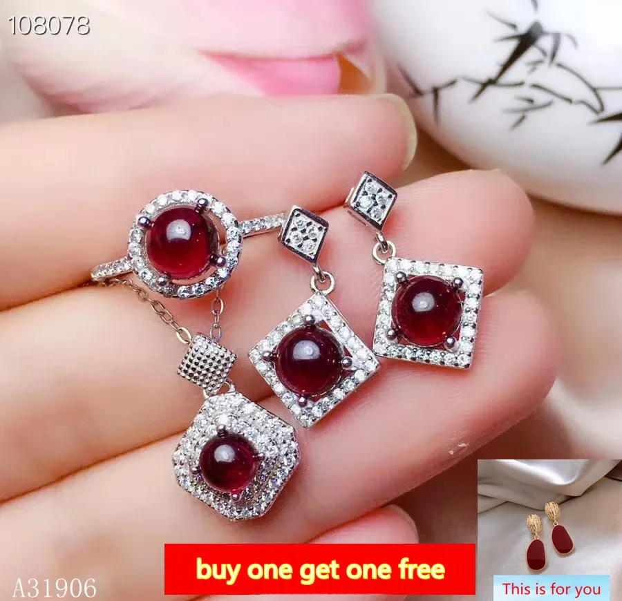 

KJJEAXCMY Fine Jewelry 925 Sterling Silver Inlaid Natural Magnesium Aluminum Garnet Gemstone Female Necklace Chain Pendant Ring