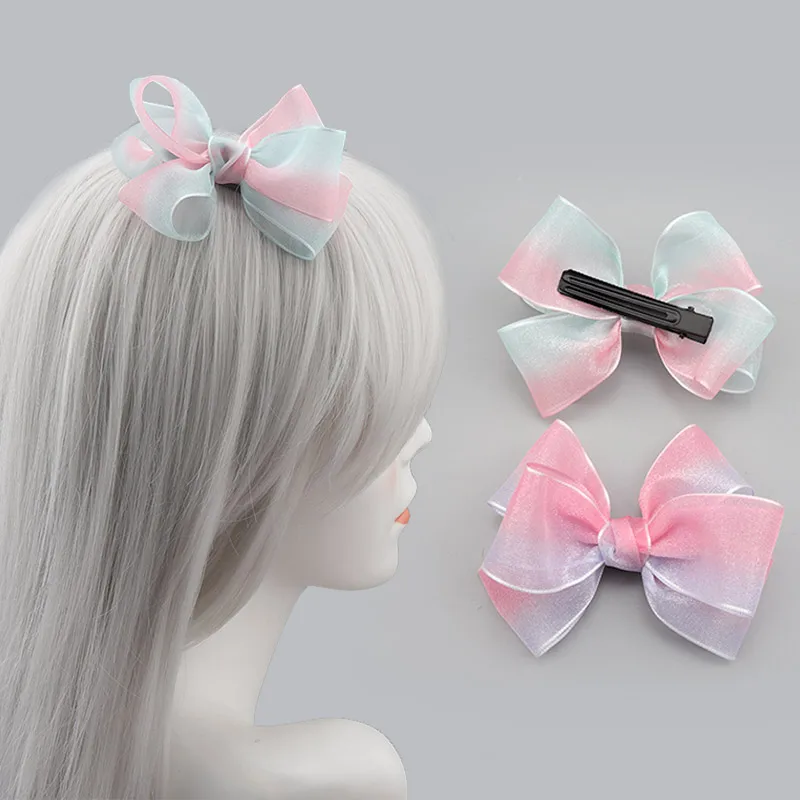 

Rainbow Gradient Bow Hairpin Children Princess Cute Hair Accessories Head Flower Holiday Party Head Accessories Gift Wholesale