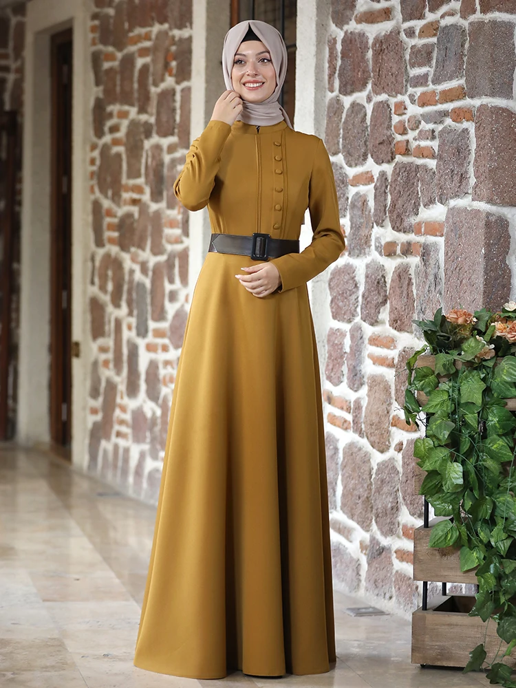 

Women Hijab Dress New Season Leather Look Belted Quality Stylish Front Buttoned Judge Collar Islamic Muslim Clothing Turkey