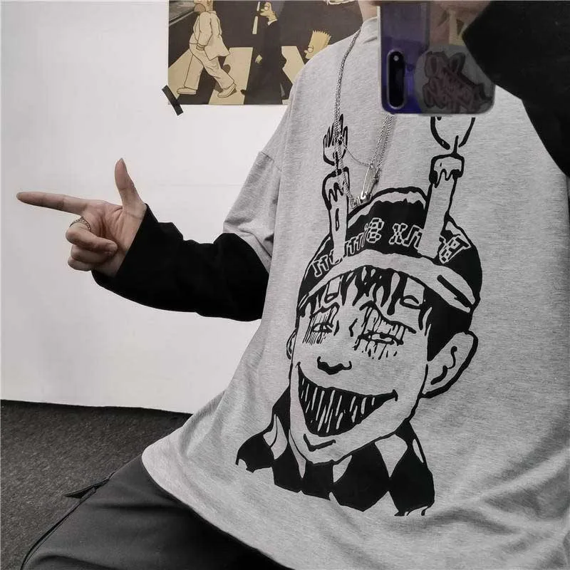 NiceMix Harajuku футболка женская поддельная 2 шт. принт японский Fujiang Ужасы комиксы длинный рукав рубашка Женская Vetement Femme