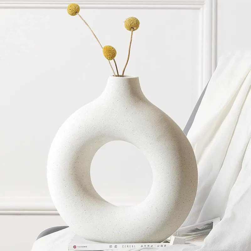 

Nordic Circular Hollow Ceramic Vase Gift Donuts Flower Pot Home Decoration Accessories Office Desktop Living Room Interior Decor