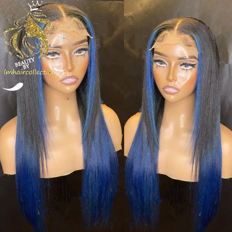 

13x6 Blue Lace Front Human Hair Wigs Highlights Transparent Straight Lace Front Wig Brazilian Hair 180 Density Deep Part Wig