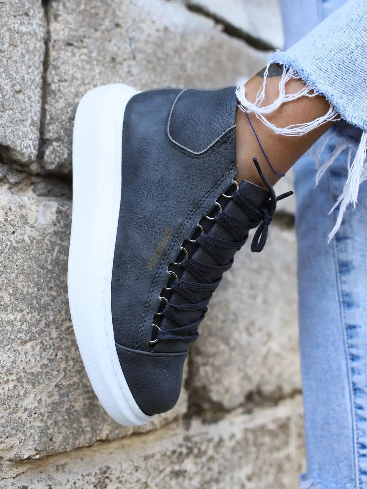 Chekich Women Girl Shoes Anthracite Color Lace-Up White Outsole Eco-Friendly Vegan Artificial Leather Odorless Classic CH258