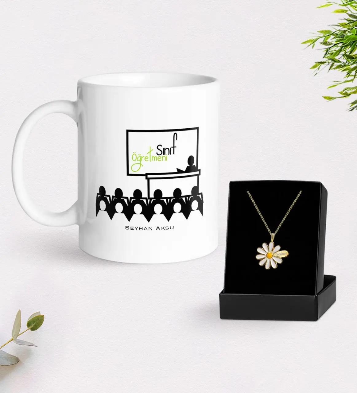 

Персонализированные классного белая кружка и ожерелье Маргаритка подарок Seti-5