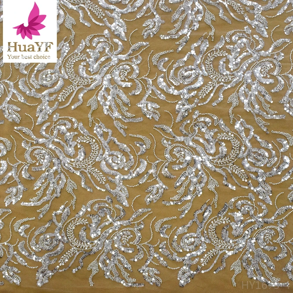 

2022 High Quality White Full Beads Heavy Embroidery Party Dress Bridal Gown Dress Lace Fabric HY1673-4