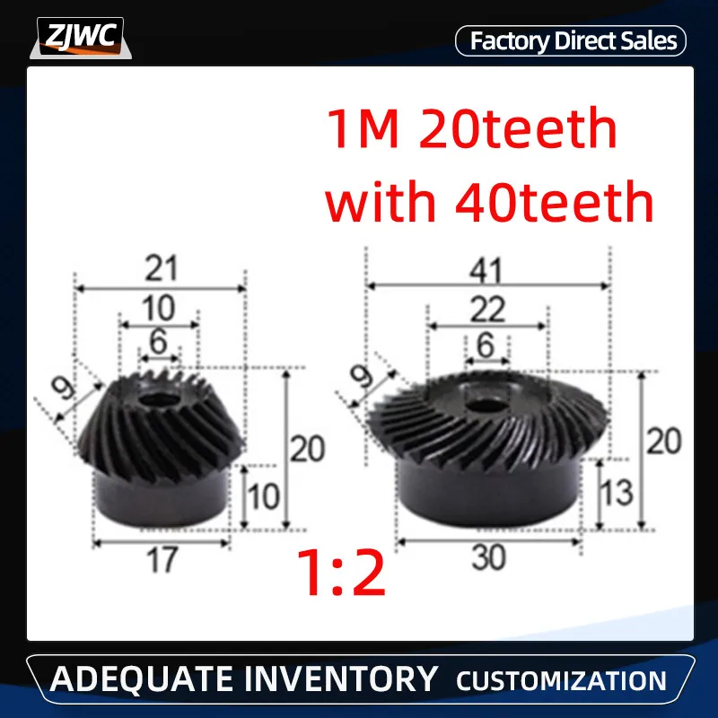 

2pcs 45# Steel 1M 20T to 40T Spiral bevel gear M1 modulus 1:2 90 degrees Differential gear same ratio diameter 6mm hole diameter