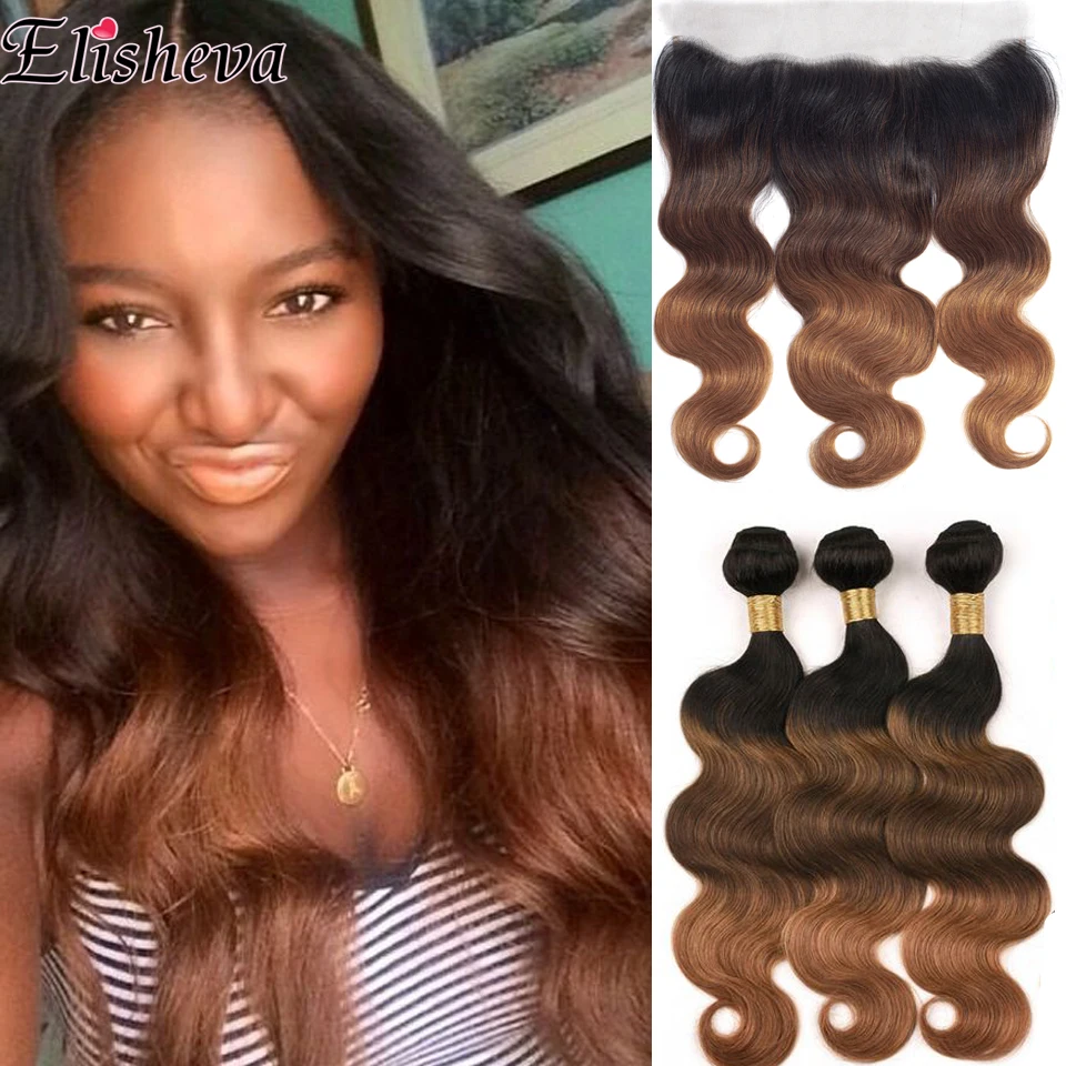 Elisheva Ombre пряди с фронтальной 1b 4 30 закрытием волнистые бразильские волосы Remy 150|3/4