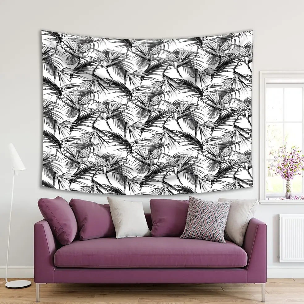 

Tapestry Floral Pattern with Tropical Plants Leaves Jungle Exotic Botanical Monochrome Gray White Art Print
