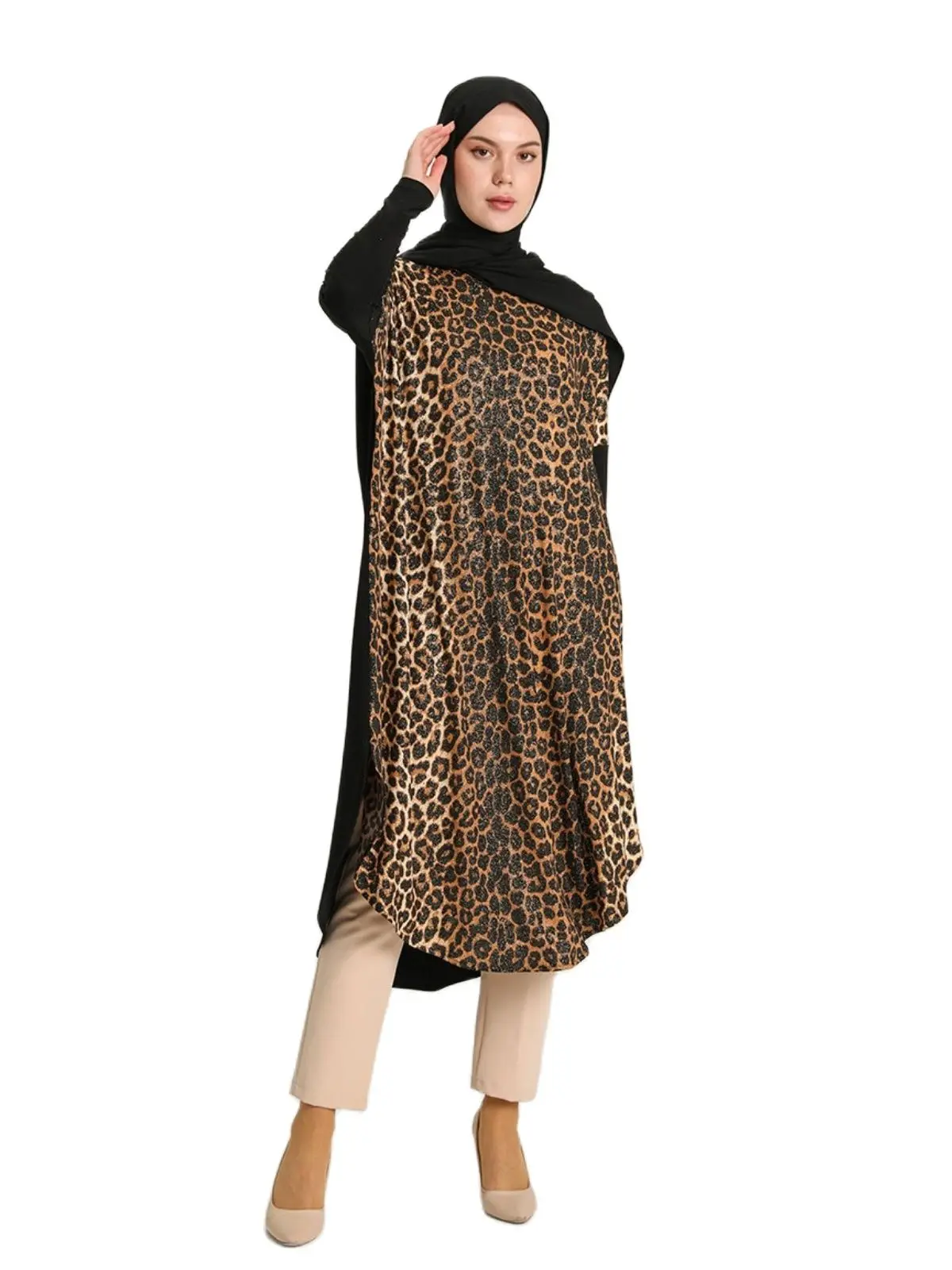 

Leopard Patterned Tunic Long Sleeve Zero Collar Seasonal Muslim Women's Fashion Turkish Arab İslamic Top Stylish Lightweight