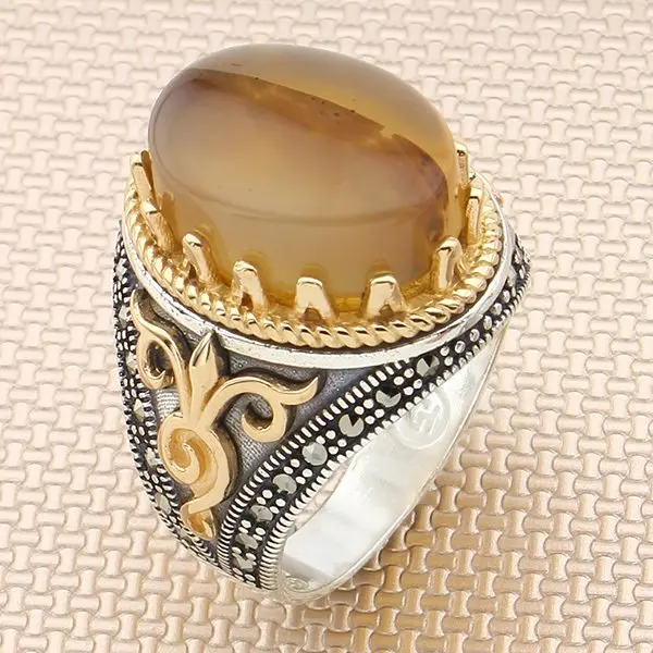 

Oval Yemen Agate Stone Silver Ring Vintage Men Silver Ring Bronz Color Big Heavy Silver Ring Solid 925 Sterling Silver