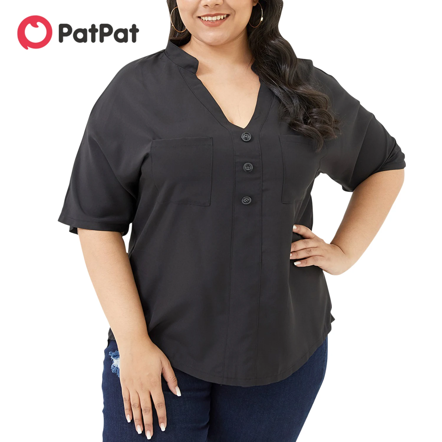 

PatPat Women Plus Size Basics V Neck Pocket Design Half-sleeve Black Shirt