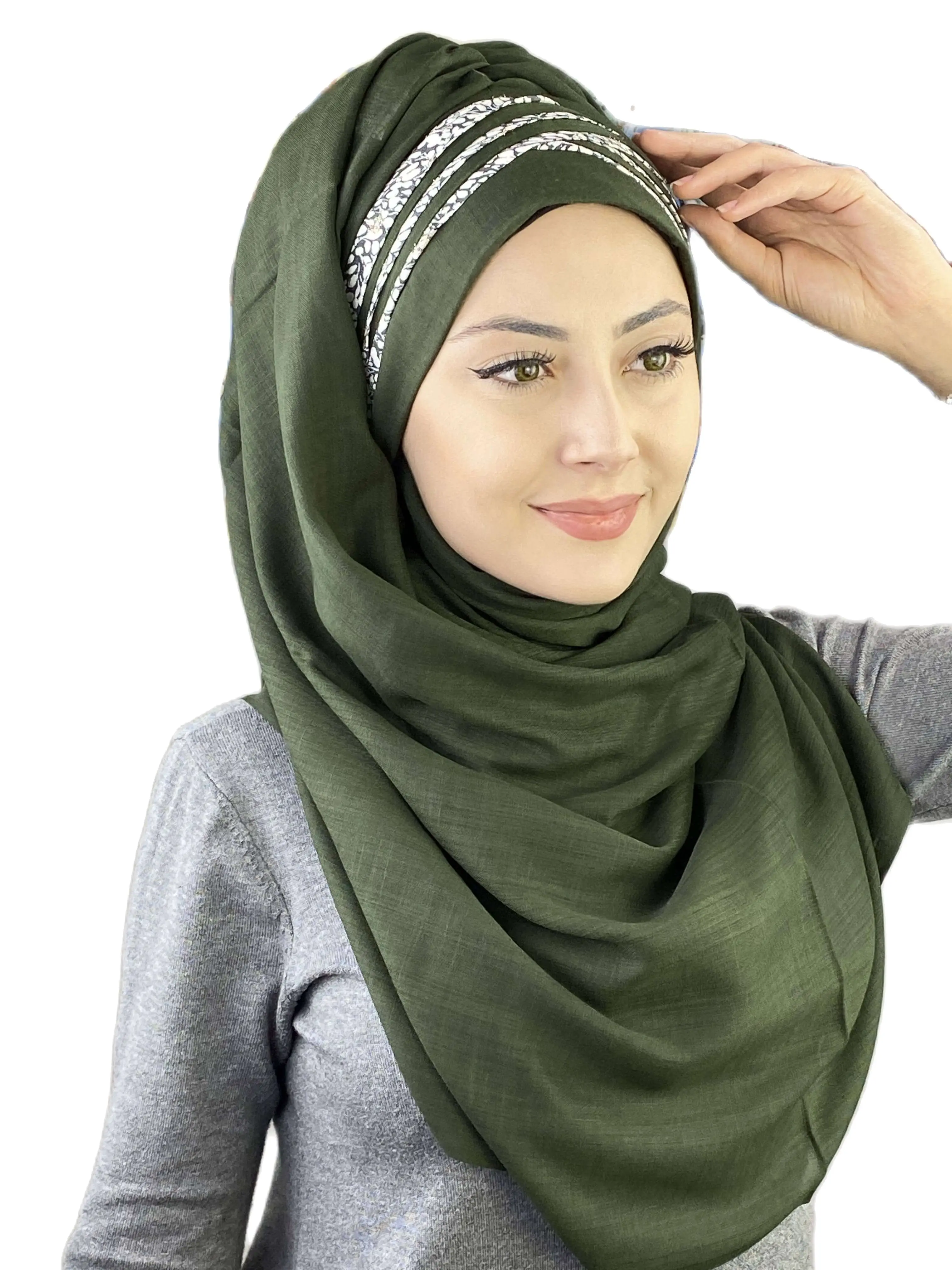 2022 Hijab Women's Hat Spring Summer New Fashion Islam Scarf Bonnet Muslim Glittery White Spotted Dark Green Cross Draped Shawl