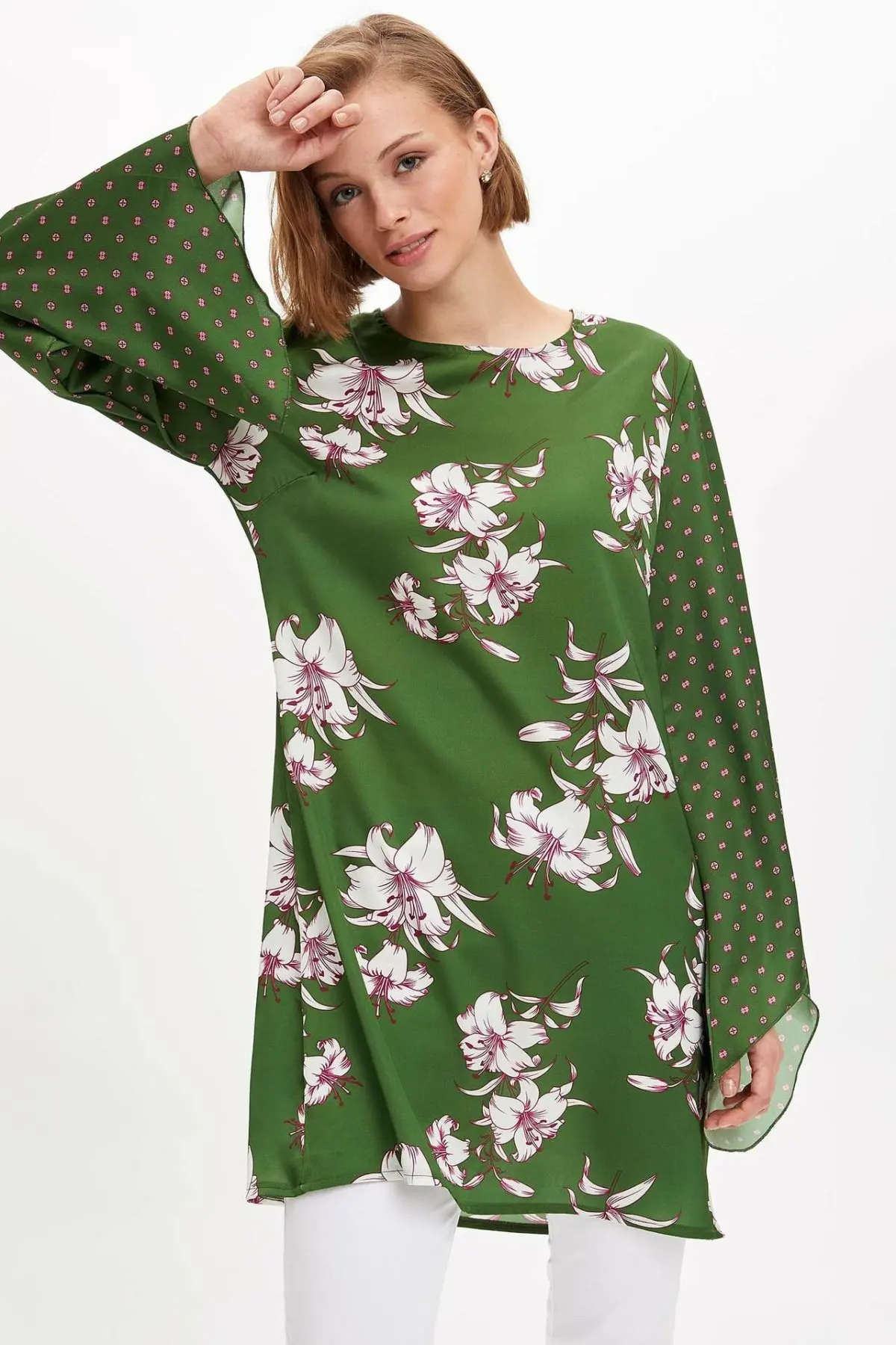 Женские шифоновые топы DeFacto Длинные свободные рубашки с круглым вырезом и