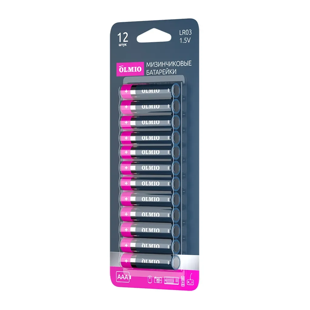 Батарейки мизинчиковые алкалиновые (щелочные) тип AAA LR03 1.5V 12шт Olmio для игрушек