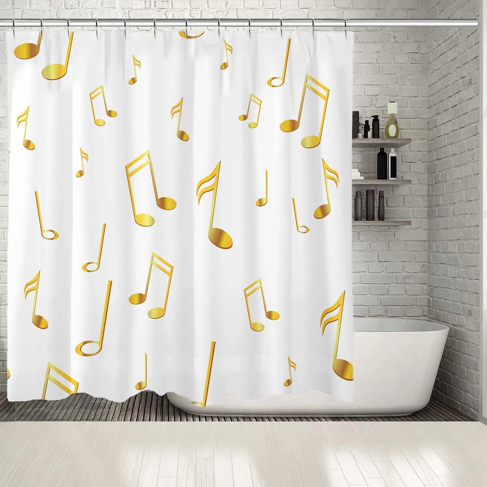 Занавеска для душа золотые музыкальные ноты на белом фоне Музыкальные Символы