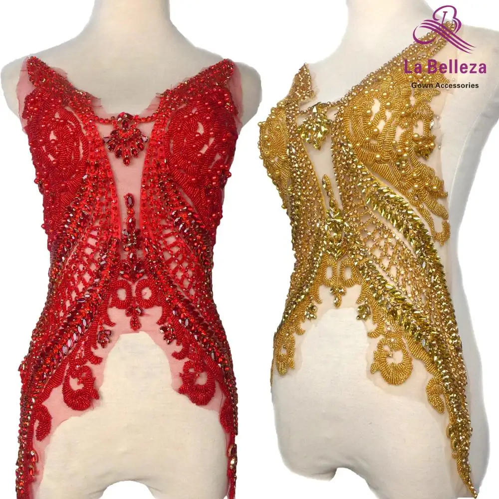 La Belleza beautiful large piece handmade,Red pearls crystal Rhinestone patch wedding dress applique accessories 33X55CM