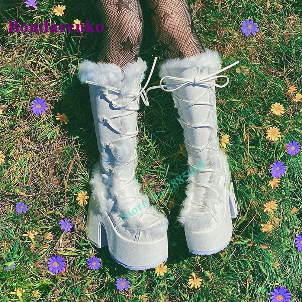 Сапоги женские на высоком массивном каблуке однотонные меховые сапоги шнуровке