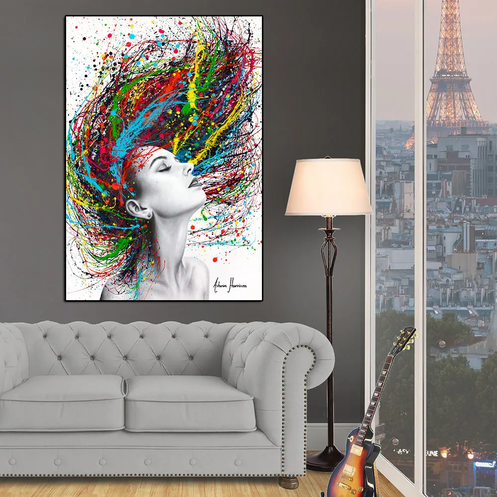

Nordic Abstract Wall Art Colored Hair Woman Headphones Canvas Painting Figure Posters And Prints Pictures For Living Room Decor