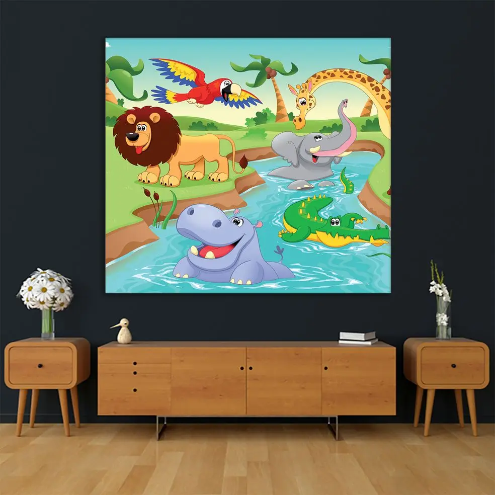 Гобелен Мультфильм Счастливые Животные по реке африканская дикая природа слон
