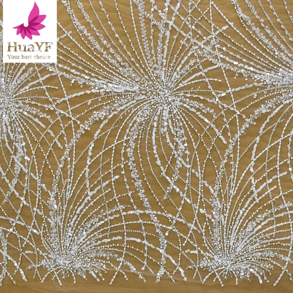 

Fashion White Bridal Embroidery Lace Net Dress Fabrics With Beads And Sequins For Wedding HY1676