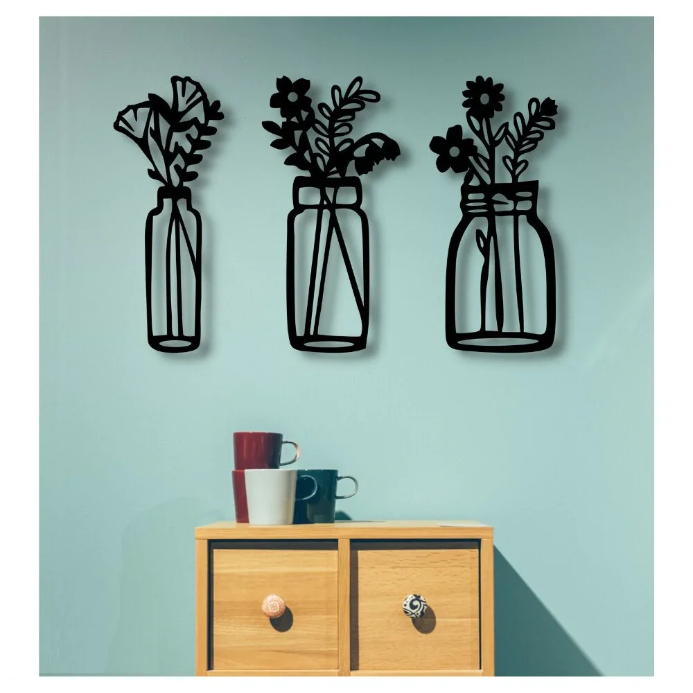 Деревянные настенные художественные украшения Ваза для цветов 3 шт. Черный цвет