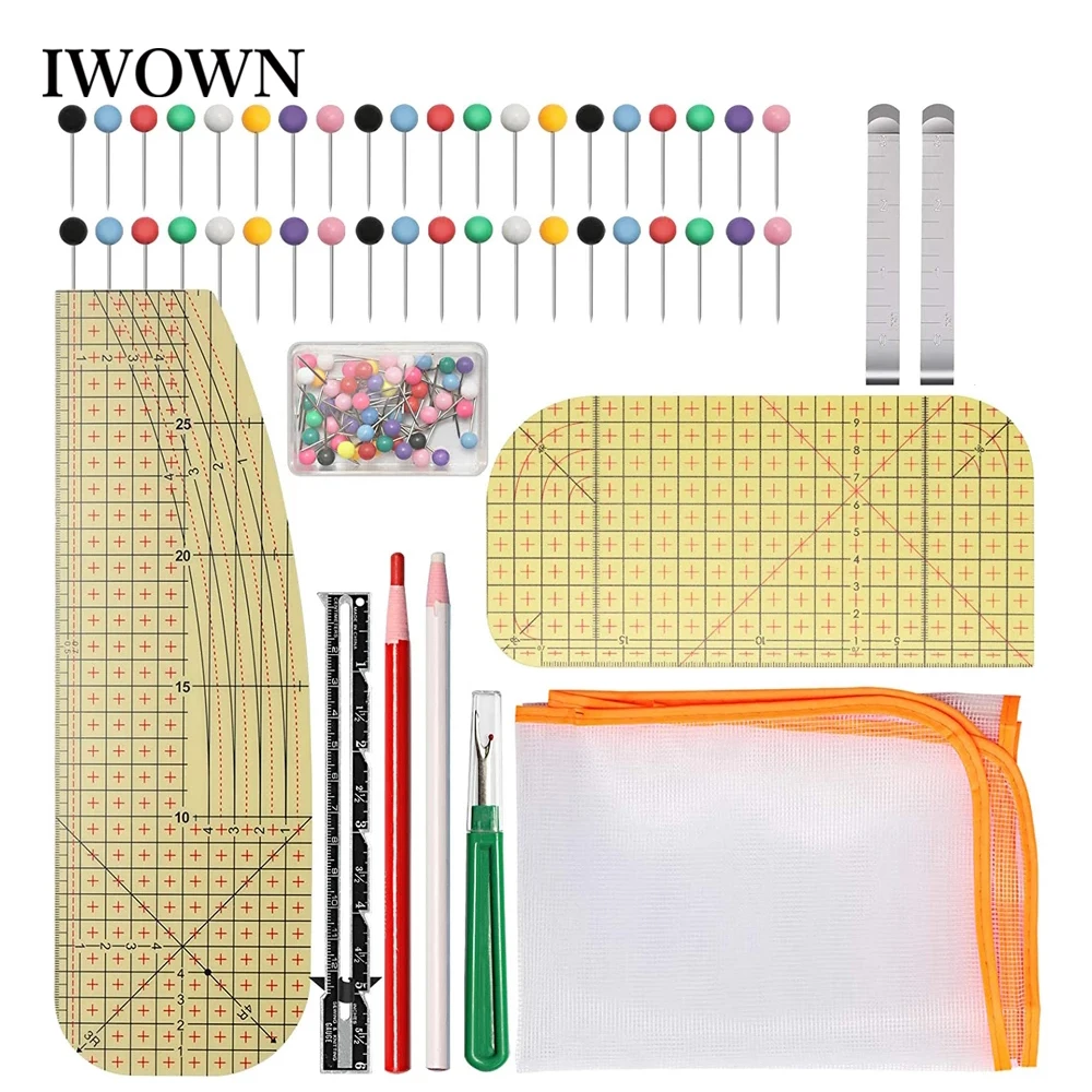 

59Pcs Hot Iron Measuring Ruler Set Ironing Mesh Pressing Pad Cloth Hemming Clips Sewing Mark Pencils for DIY Quilting Knitting