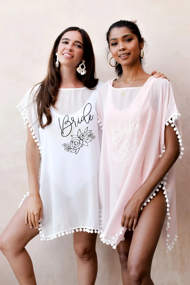 

Bride Swimsuit Cover Up Bride Beach Pool Pom Pom Swim Cover up Bridesmaid Swimming Transparent Swimwear Outerwear Chiffon Shirts