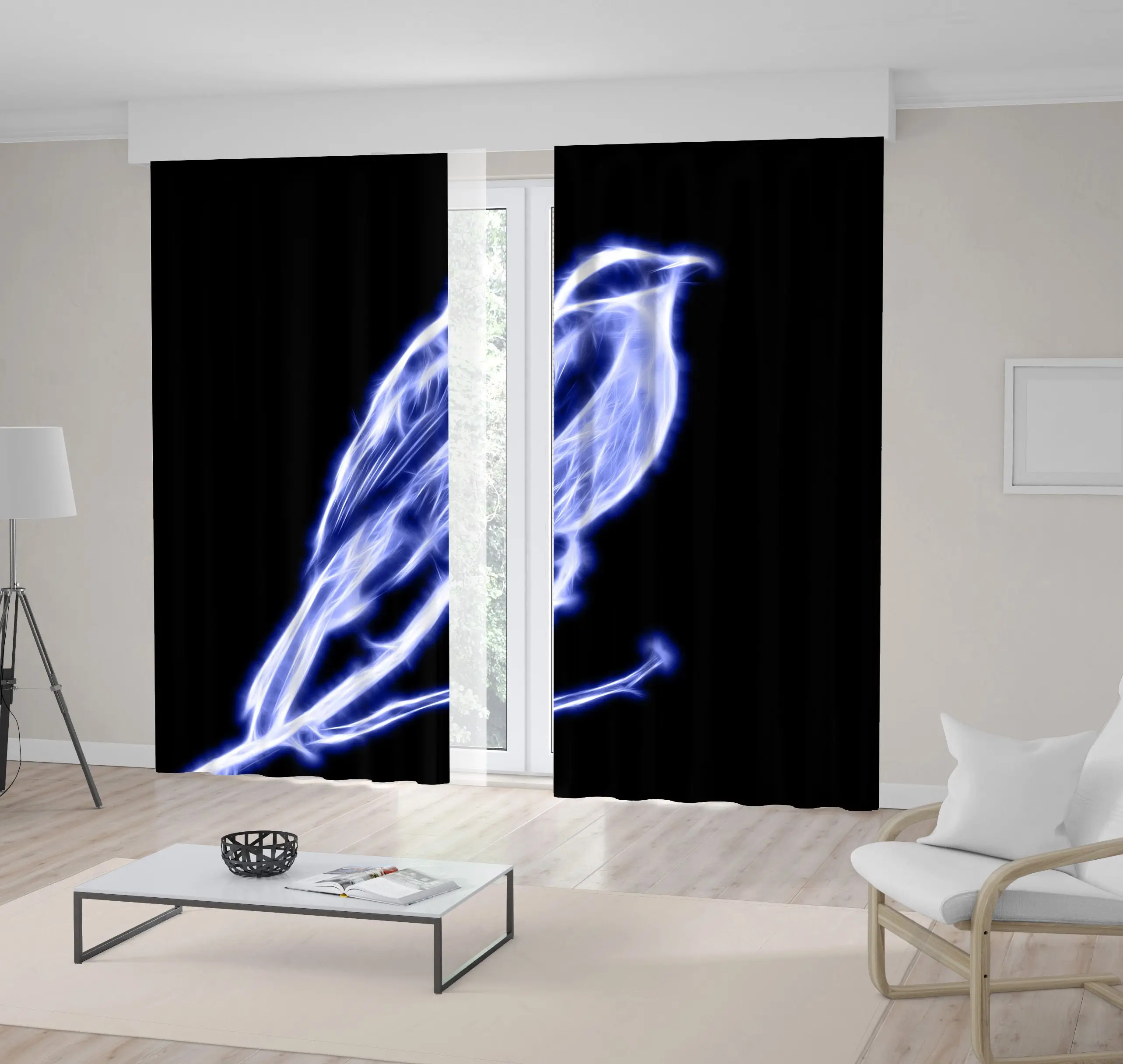 Online Curtain Abstract Glowing Bird Pattern In Dark Space Decorative Futuristic Digital Artwork Blue White Black