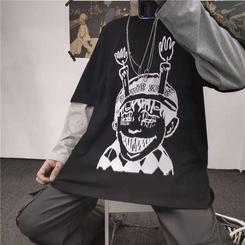 31775black NiceMix Harajuku футболка женская поддельная 2 шт. принт японский Fujiang Ужасы комиксы длинный рукав рубашка Женская Vetement Femme - Цвет: 31775black