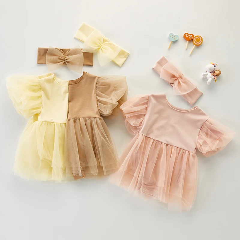 

Baby Summer Girl Princess Bodysuit Dress+Headband Toddler Girls Party Wedding Clothes Bubble Sleeve Children Fluffy Skirt Romper