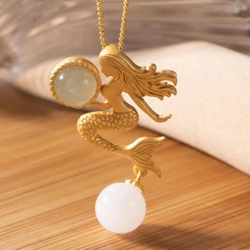 

New Arrival S925 Silver Pendant Women White Jadeite Mermaid Necklace Pendant