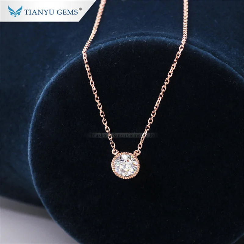 Tianyu Gems 6mm Round Moissanite 18k Rose Gold Pendant Necklaces 14k Bezel Set OEC Cut Diamonds Wedding Chain Necklace for Women