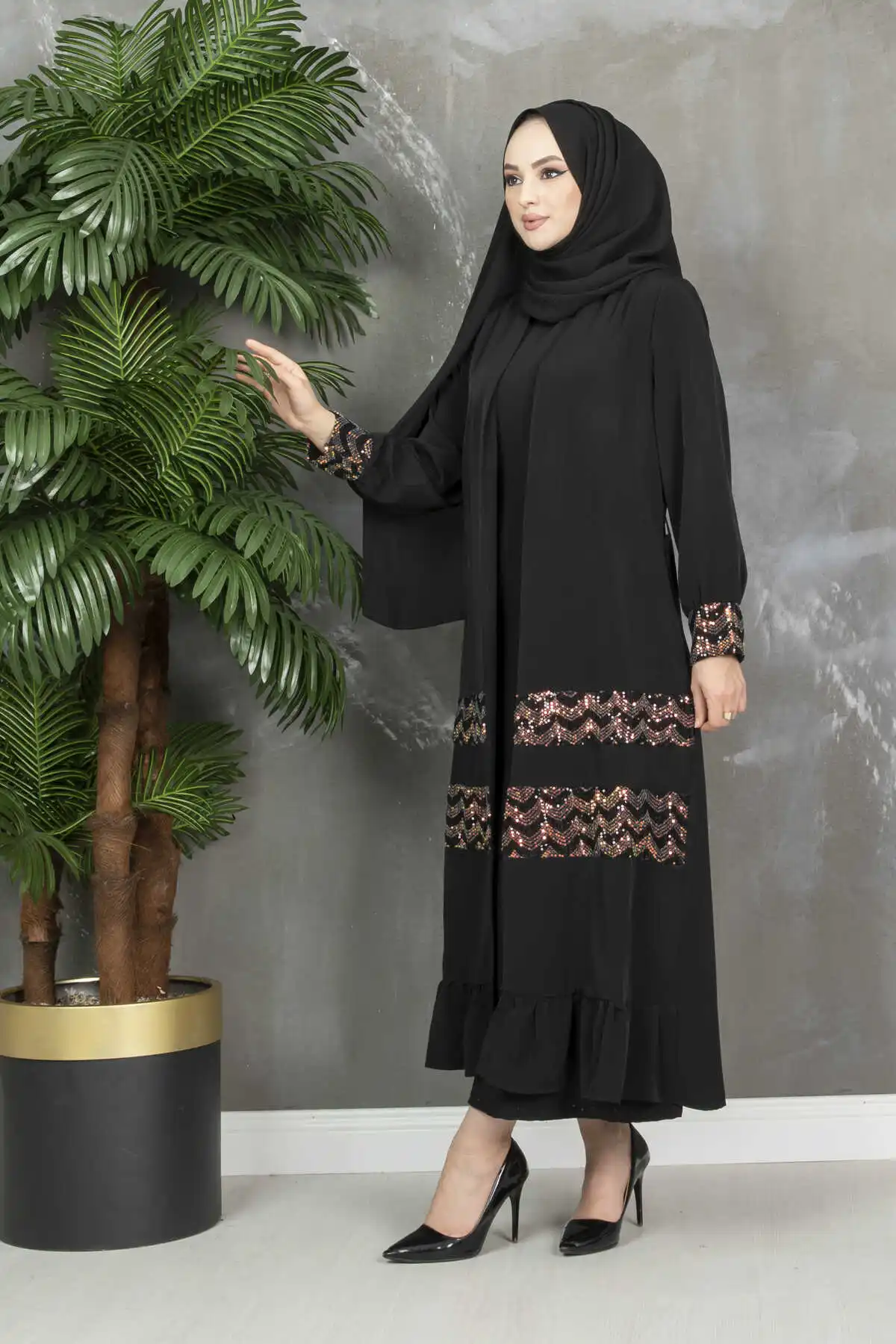 Shiny Detailed Black Abaya Woman Dubai Luxury 2022 Turkish Modest Clothes Kaftan Maxi Dress Eid Mubarak Satin Moroccan Hijab