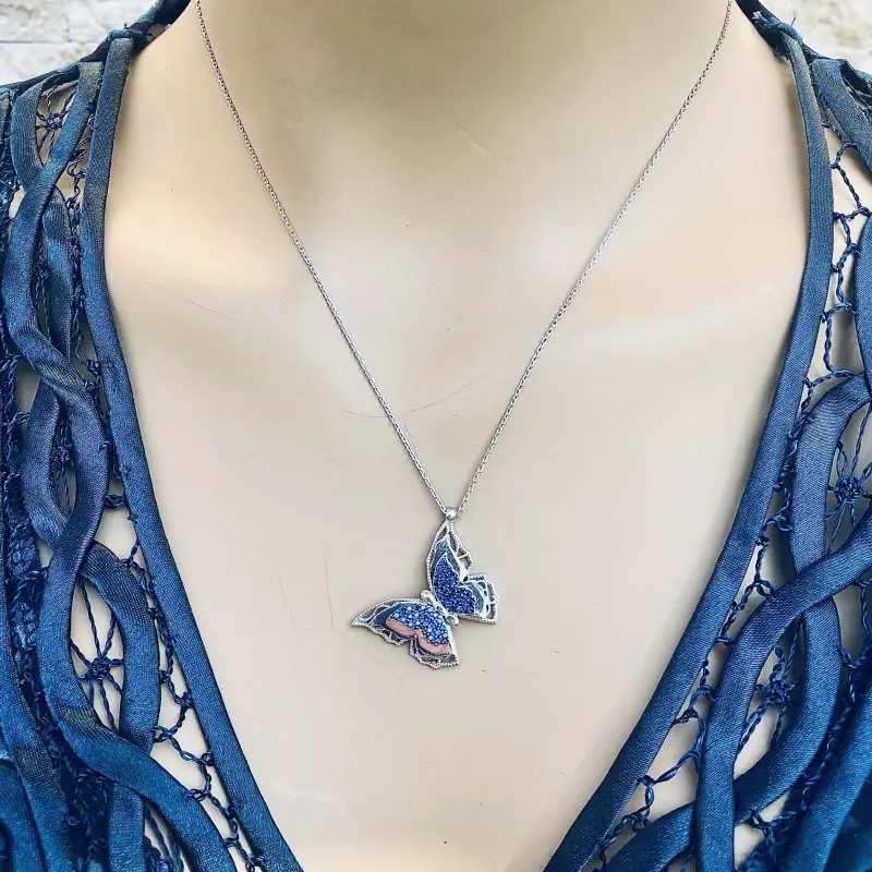 

Beautiful Gothic Butterfly With Blue Wings 925 Sterling Silver Necklace Women Girls Gift Jewelry Handmade Elegant Chain