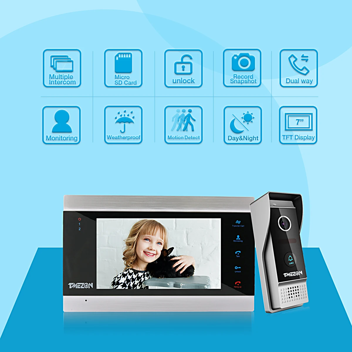 TMEZON 7 Inch 1080P TFT Wired Video Intercom System with1080p Waterproof Door Phone Camera,Support Recording / Snapshot Doorbell enlarge