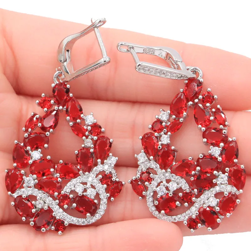Длинные серьги 55x25 мм с красными Рубиновыми и белыми Фианитами для вечевечерние