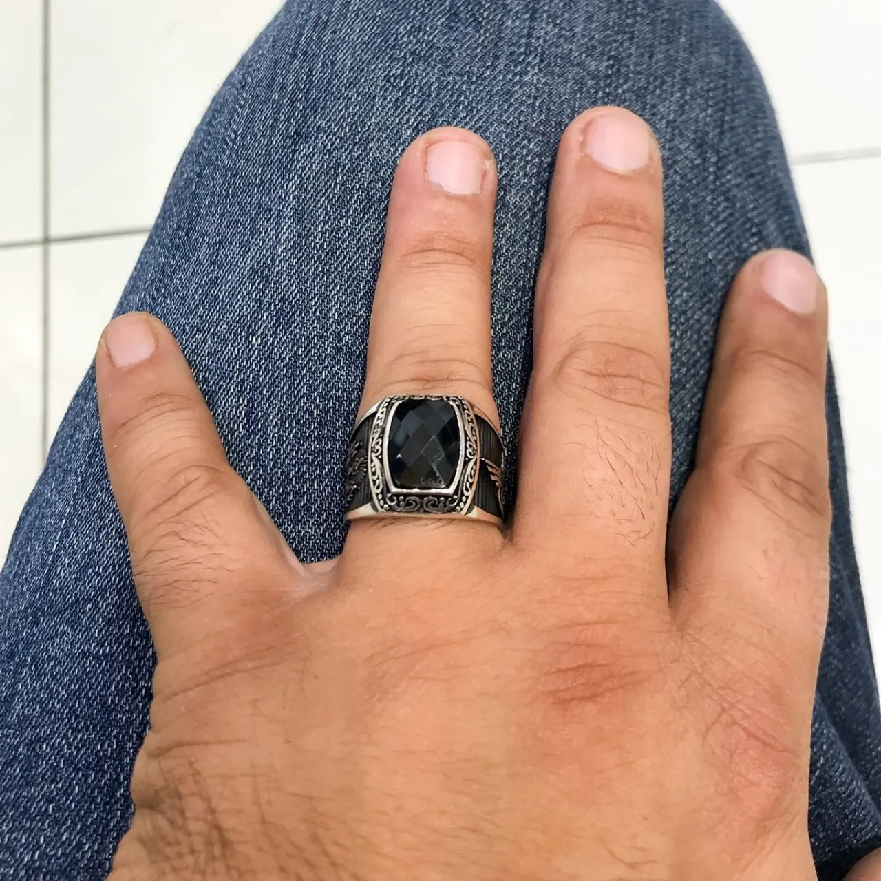 Простое вежливое мужское кольцо из стерлингового серебра черного оникса|Кольца|
