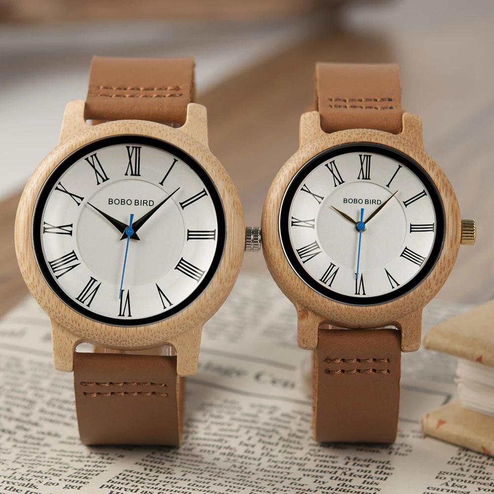 

BOBO BIRD Couple's Watches Leather Strap Bamboo Wooden Quartz Wristwatches Timepieces For Men Women Lovers Gift Watch Box reloj