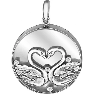 ЭСТЕТ Подвеска Лебеди с ювелирным стеклом и фианитами из чернёного