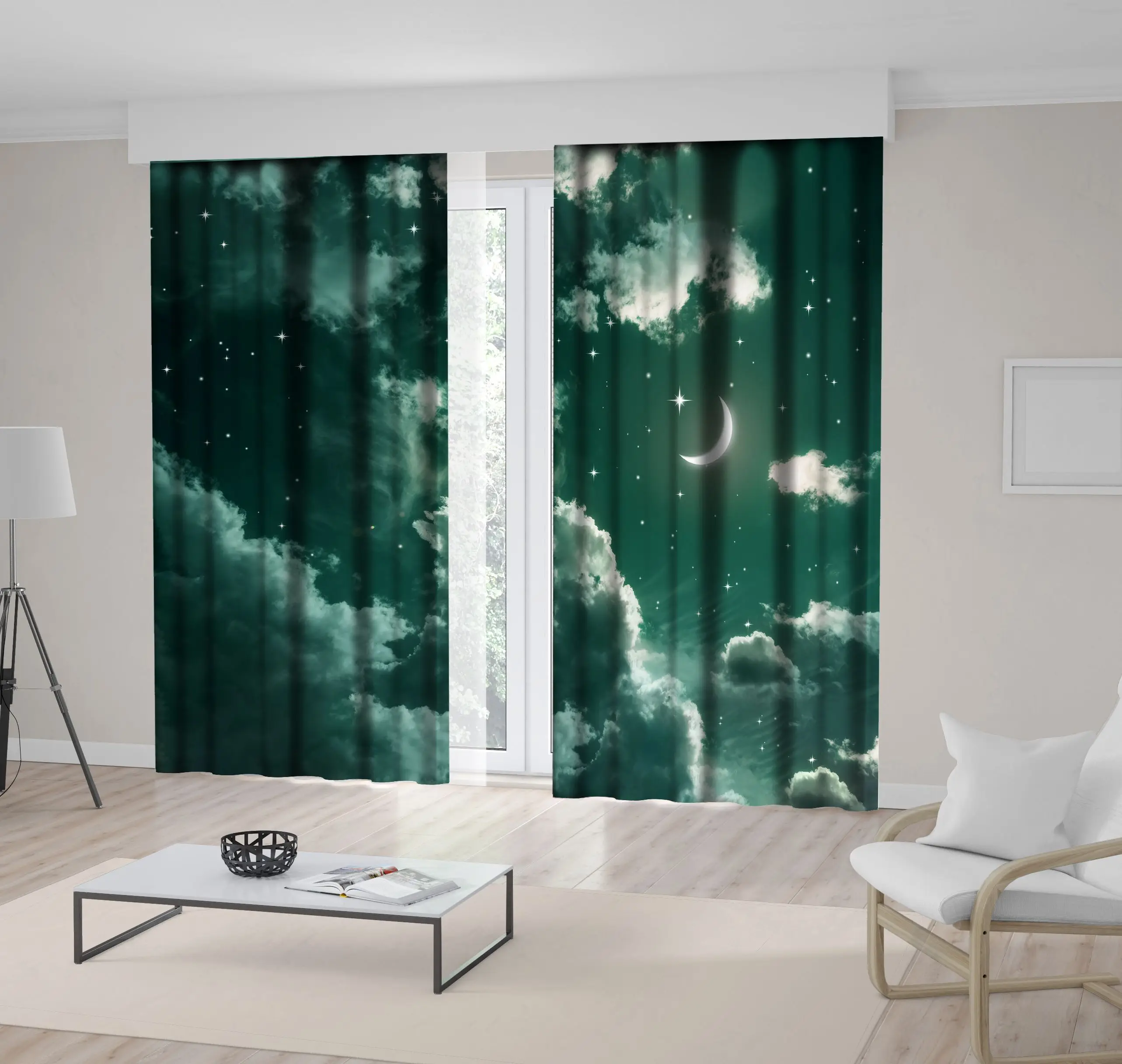 

Curtain Clouds Shining Stars and New Moon Lunar Month Nature Fantasy Digital Artwork Printed Green White