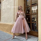 Блестящие Свадебные платья средней длины с открытыми плечами и разрезом