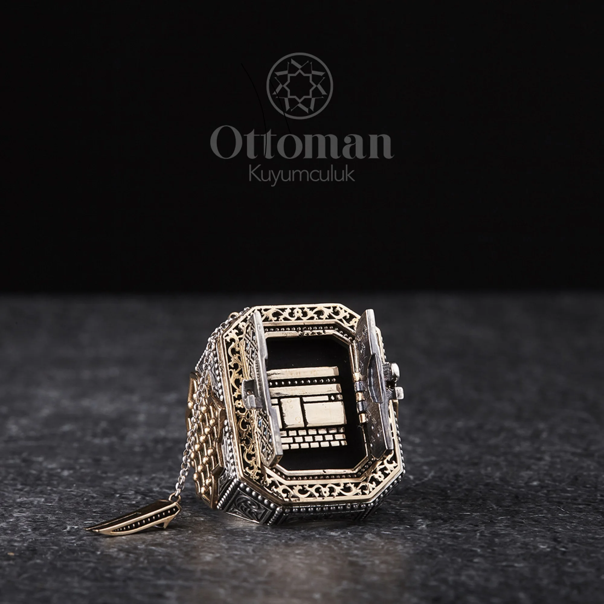 Kaaba Silver Men's Ring Engraving Art Door Shaped Open Close Model Turkish Handmade Islamic gift Men's Ottoman Jewelry Male Band
