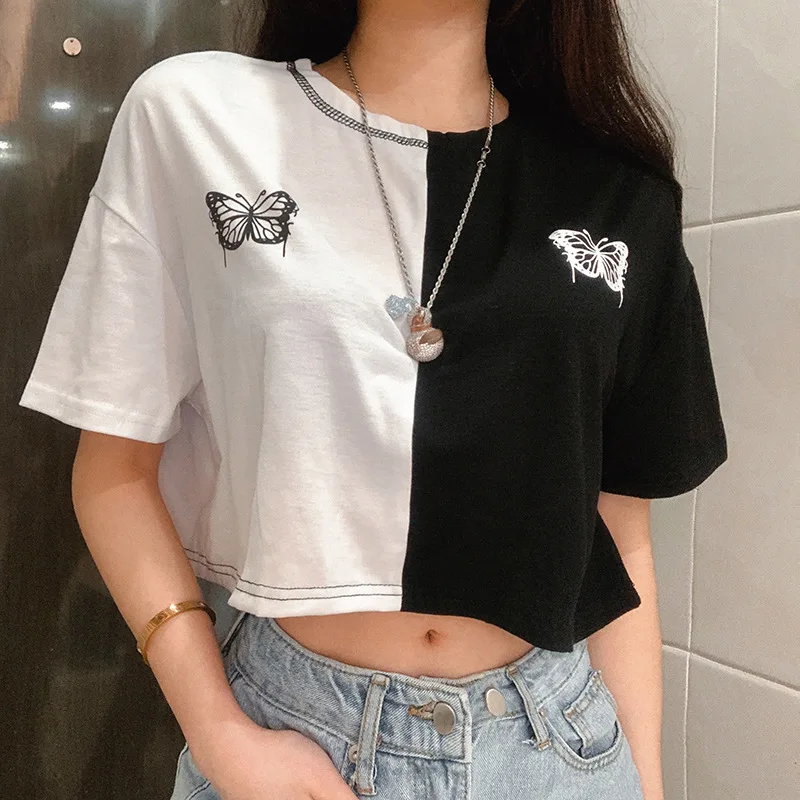 

White Black Butterfly T-Shirt for Women Summer 2020 Short Sleeve O Neck Harajuku Graphic Shirt Korean Style Tees Oversized Tops