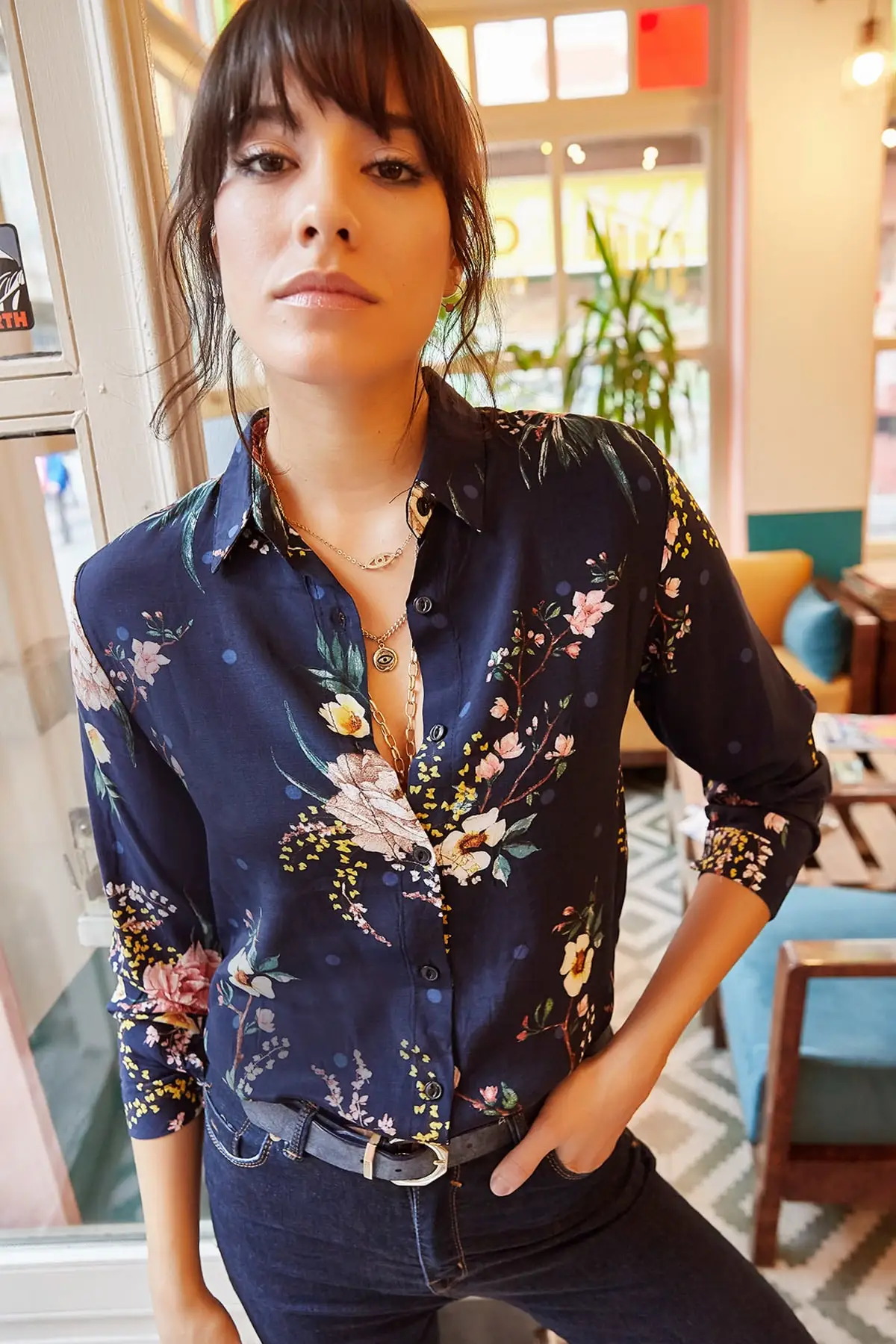 Женские Темно Синие Большие цветочные рубашки GML 19000438| |