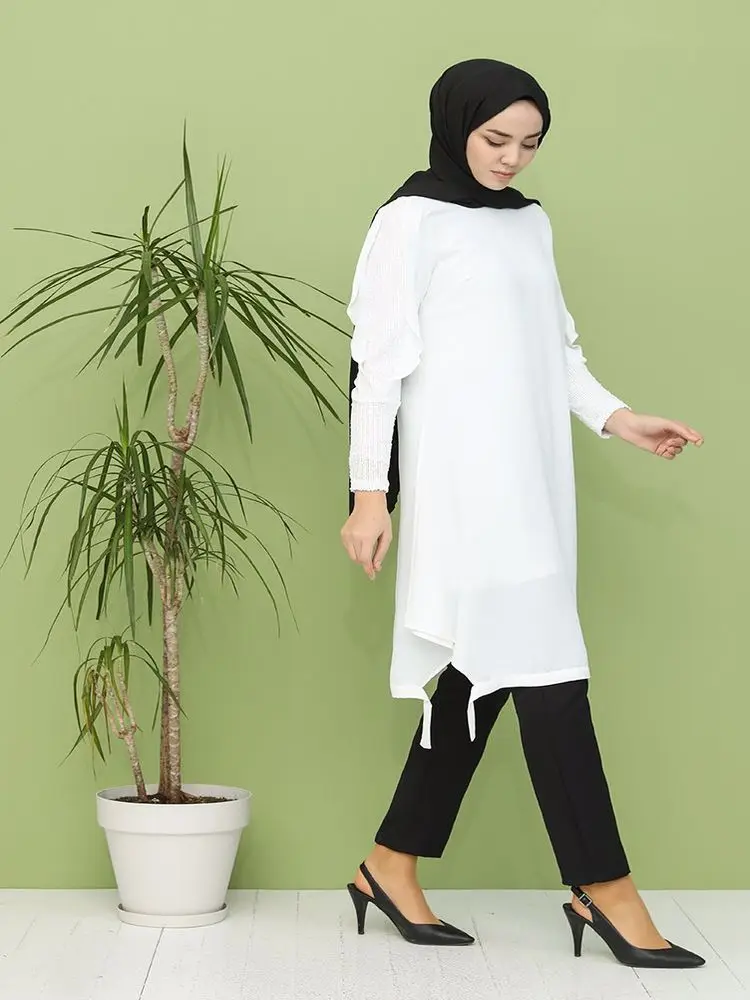 

Sequined Tunic Long Sleeve Zero Collar Four Seasons Cotton Woven Fabric Islamic Clothing Modest Women's Tops Vintage Shirts